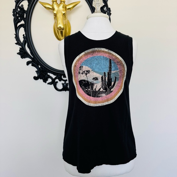 White Crow Black Sleeveless Top with Desert Graphic - Picture 1 of 6